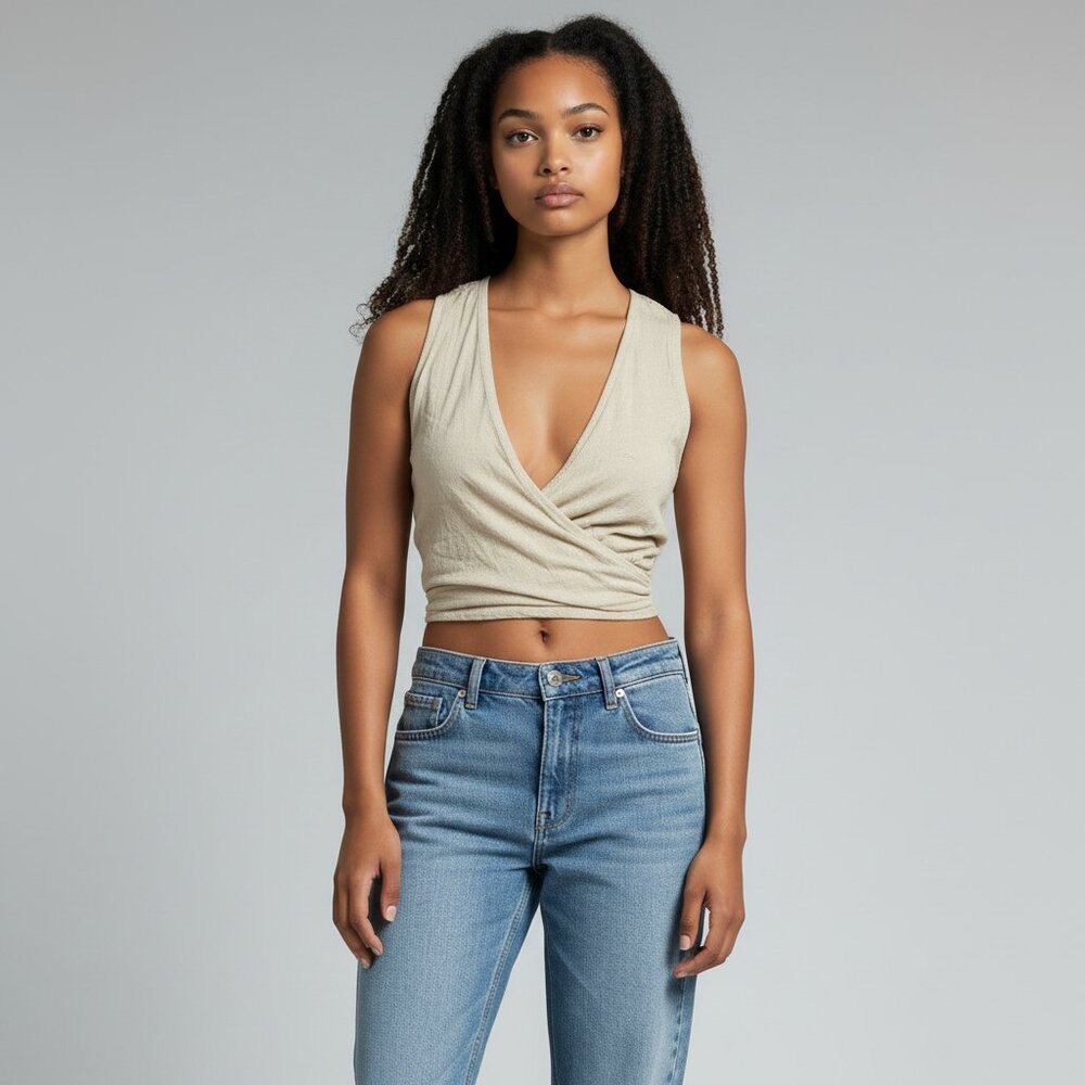 Free People Women's Wrap Top Sleeveless Crochet Crop Beige Cotton Rayon‎ Large